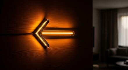 Illuminated Arrow Sign Indicating Direction Against Wooden Surface And Room Background