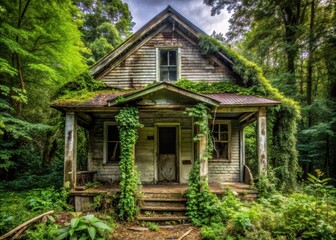 Abandoned house with overgrown vegetation and a crumbling porch entrance surrounded by dense forest foliage