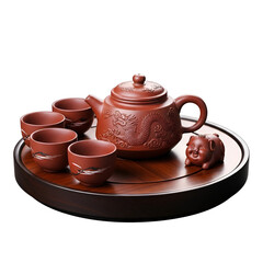 Traditional Chinese clay teapot teacups wooden serving tray clipart illustration
