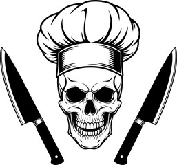 Chef Skull with Crossed Knives, Vintage monochrome chef skull, Skull with chef hat and crossed knife vector illustration