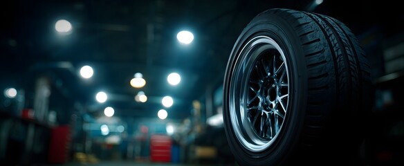 Gloved hand grips tire and alloy wheel inside a dimly lit auto garage.