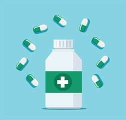 Medical Pill Bottle and Capsules vector Illustration