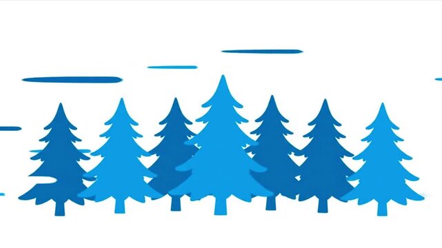Illustration of several blue christmas trees arranged at the bottom of a white background space