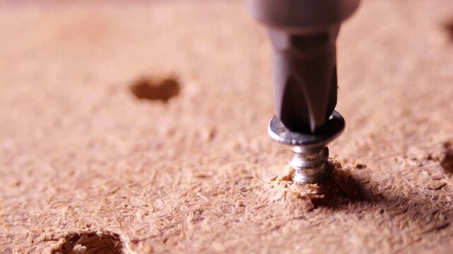 Small Screw Smoothly Driven into Raw MDF Panel using Ratchet Screwdriver Close up View Tool Mechanism Clicking and Wood Friction Sound Effects DIY Home Renovation Concept Detailed Assembly