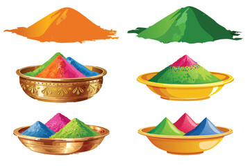 Set of colorful Holi powder (Gulal) piles and bowls isolated on white