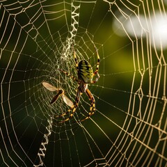 Spider on Web with Captured Insect &ndash; Macro Nature Photography