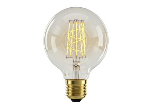 Isolated clear glass LED filament light bulb casting soft light, energy efficient