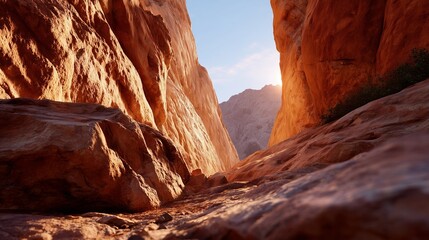Sunlight filters through rocky canyon walls during golden hour in a serene desert landscape