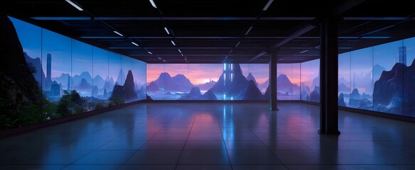 A cool futuristic gallery shows immersive nft art built on blockchain tech.