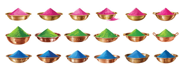 Colorful Gulal powder in traditional Indian Holi festival bowls isolated on white.