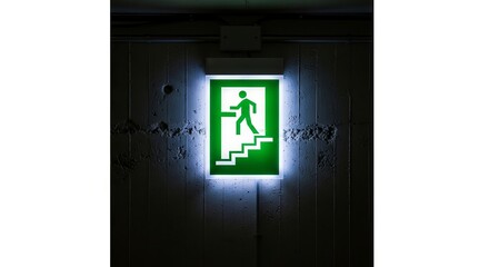 Illuminated Emergency Exit Sign Against Textured Concrete Wall in Low Light Environment