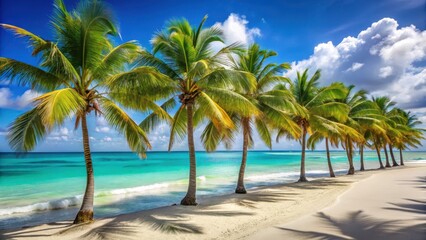 Palm trees lined up along a white sandy beach with turquoise sea waves gently lapping at the shore