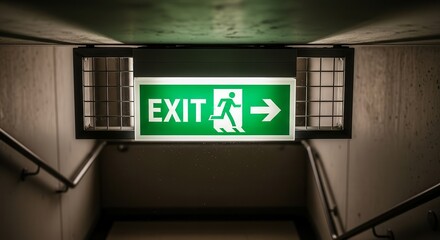 Illuminated Emergency Exit Sign in Underground Passage Pointing to Safety Destination