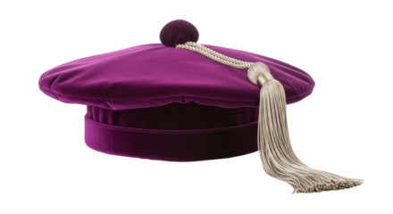 Isolated velvet academic cap with tassel, formal purple doctoral headwear with accessories