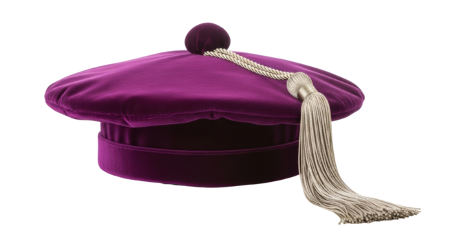 Isolated velvet academic cap with tassel, formal purple doctoral headwear with accessories