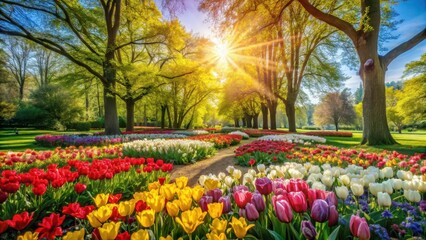 Vibrant blooming flowers in the park on a sunny spring day surrounded by lush greenery and towering trees