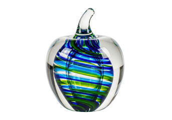 Isolated glass apple with swirled green and blue patterns in a clear round design object