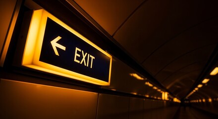 Illuminated Exit Sign Directing Arrow Pointing Towards an Underground Passage