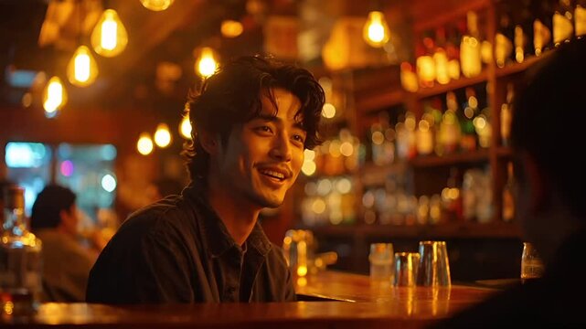 バーカウンターに座る日本人男性が、相手に向けて温かく穏やかな笑みを浮かべるフォトリアルなシーンです。
柔らかなアンバーライトが表情を照らし、背後にはぼけたボトルが柔らかく光ります。
落ち着いた親密な空気が流れ、夜のバーらしい静かな雰囲気を感じさせます。