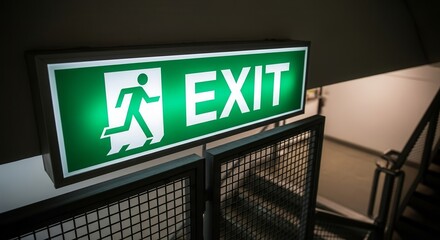 Illuminated Exit Sign Directing Towards Safety and Evacuation Stairwell