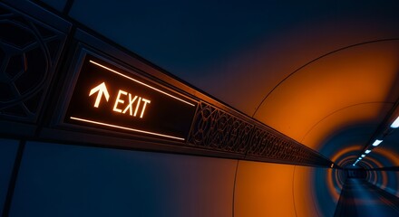 Illuminated Exit Sign Directing Towards the Light in a Futuristic Tunnel Direction