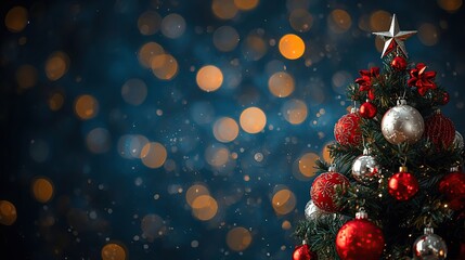 Sparkling christmas tree with red & silver ornaments - elegant holiday celebration background