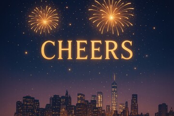 Celebratory night skyline fireworks.