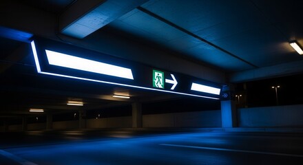 Illuminated Exit Sign Directs the Way Out of a Darkened Multi-Level Parking Structure