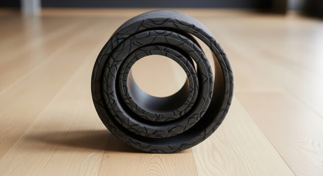 Rolled up dark yoga mat on wooden floor