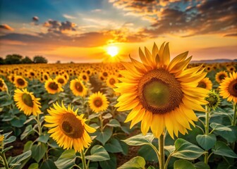 Obraz premium Large sunflower field with tall yellow flowers swaying gently in the breeze at dusk