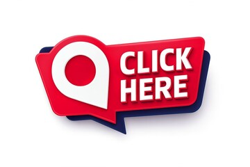 Red speech bubble with a location pin icon and the words click here in white text on a white background