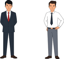 Two professional businessmen standing confidently in formal office attire, modern corporate illustration showing teamwork, leadership, business success and workplace professionalism