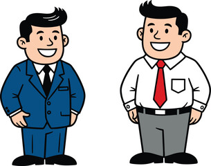 Smiling cartoon businessmen standing, office characters in suit and formal clothing, business teamwork concept illustration for corporate design.