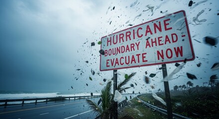 Hurricane Warning Sign Along Coastal Road Amidst Intense and Destructive Storm