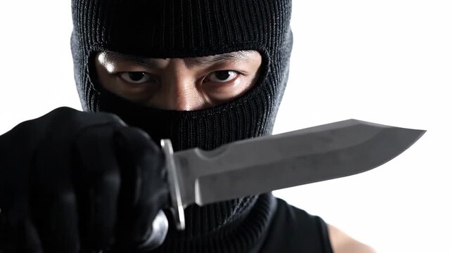 Man in Black Ski Mask Holds Big Knife