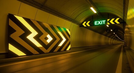 Illuminated Geometric Design Signals The Way To The Exit In a Luminous Tunnel