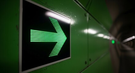  Illuminated Green Arrow Indicating Direction in a Tunnel Setting, Signage Concept