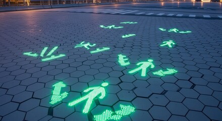 Illuminated Ground Markings Guide Pedestrians Across A Modern Pavement At Night