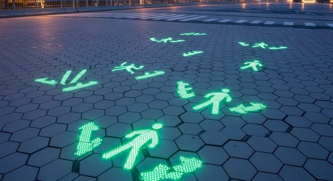 Illuminated Ground Markings Guide Pedestrians Across A Modern Pavement At Night