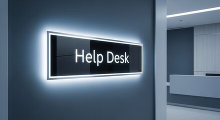 Illuminated Help Desk Sign In Modern Workspace For Directional Guidance Purpose