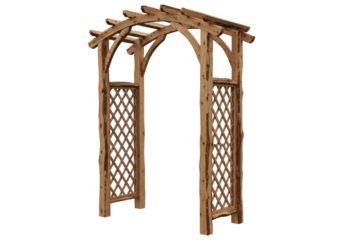 Isolated weathered wooden arbor gateway for garden entrance, rustic wooden archway gate design