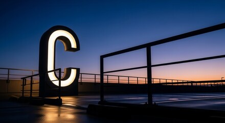 Illuminated Letter C At Sunset Offers a Modern Architectural Silhouette with Vivid Color