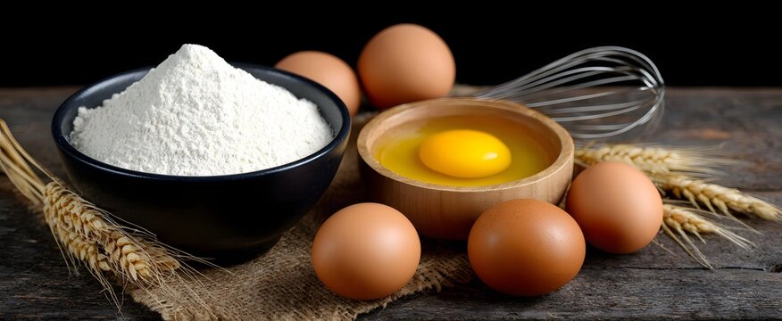 Baking ingredients eggs milk flour and whisk blend joy and warmth in the bowl