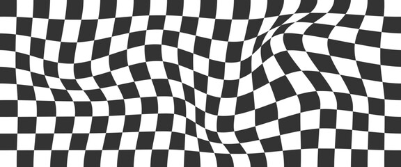 Trippy checkerboard background. Retro psychedelic checkered wallpaper. Wavy groovy chessboard surface. Distorted geometric pattern.