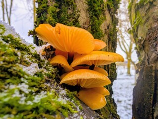 Mushrooms on a tree in winter