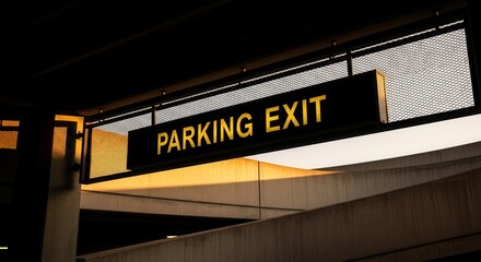Illuminated Parking Exit Sign Indicating Direction Amid Modern Architecture Structures