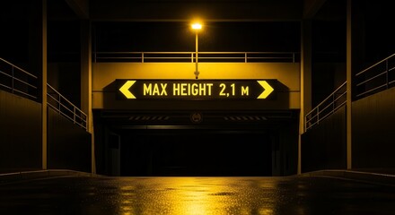 Illuminated Parking Garage Entrance With Height Restriction Sign At Night