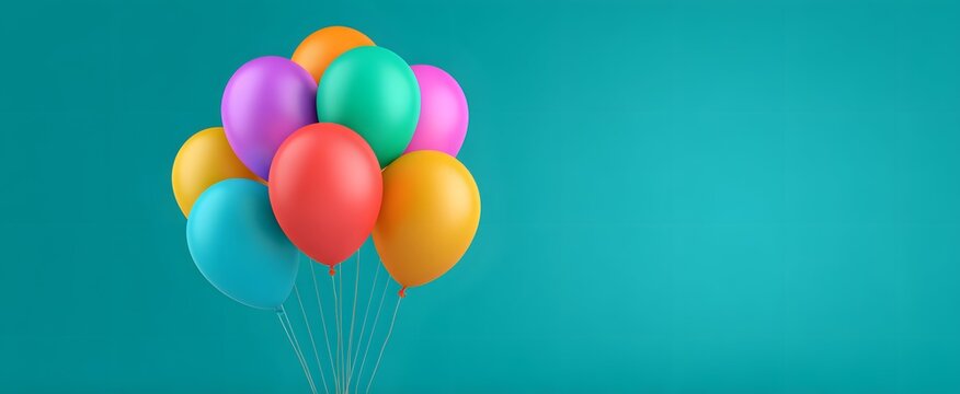 A bunch of bright balloons floating against a cool teal backdrop.
