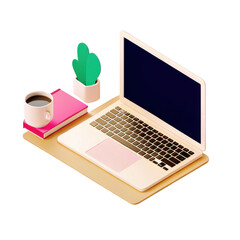 Laptop computer with coffee cup, pink books, and small green plant on wooden desk, cozy workspace setup