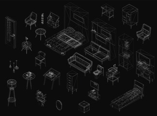 A 3D wireframe model of a modern living room interior, featuring a complete furniture set with chairs and tables. This digital rendering is perfect for architectural visualization and design concepts.